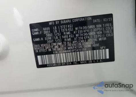 2023 Subaru Ascent Touring z USA, uszkodzony, nr VIN 4S4WMAWD9P3420388